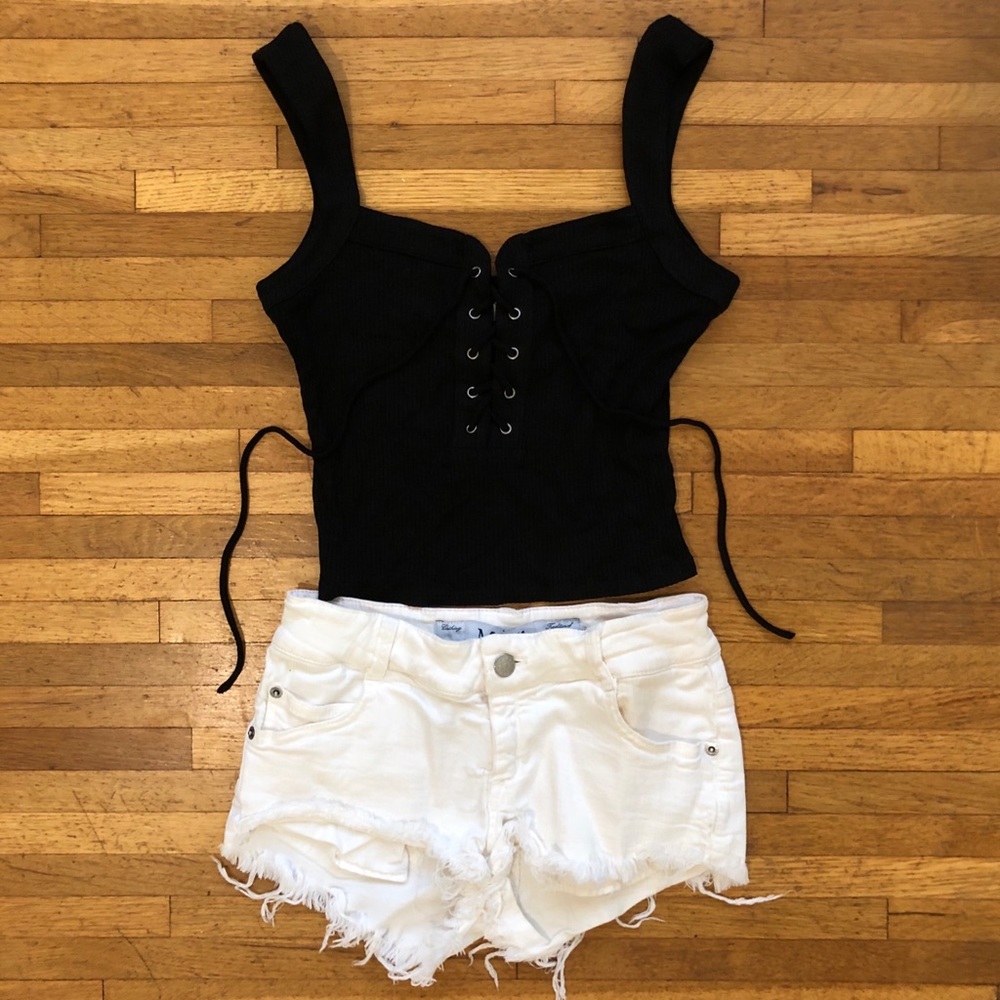 Lace up top + Brandy Melville white cut off shorts